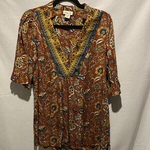 Boho Floral Blouse with Yellow and Blue Details